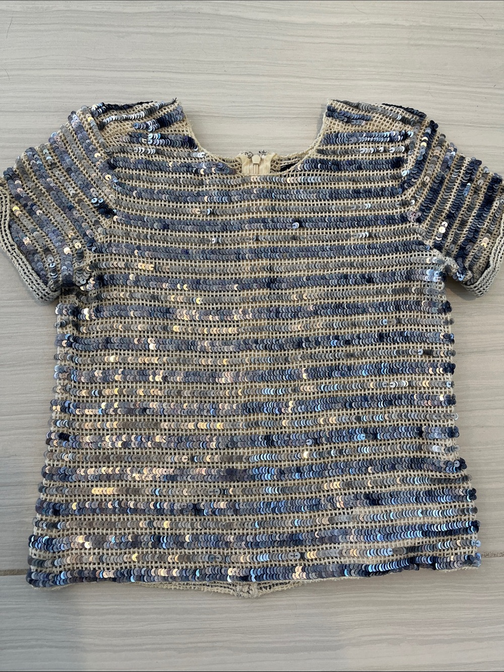 Gryphon Blue and Cream Sequin Striped Cropped Top